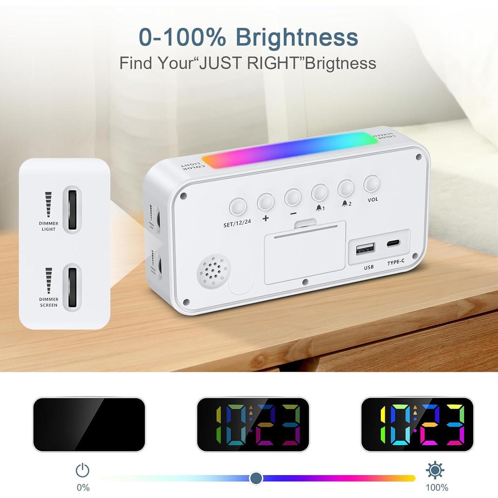 Digital väckarklocka Sängklocka Färgstark RGB LED-display Klocka med dubbla alarm Snooze-timer, USB-port