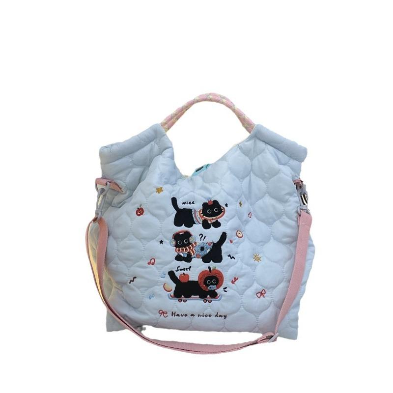 2 Winter embroidered little black cat cute tote bag large capacity shoulder messenger bag quilted quilted cotton tote bag