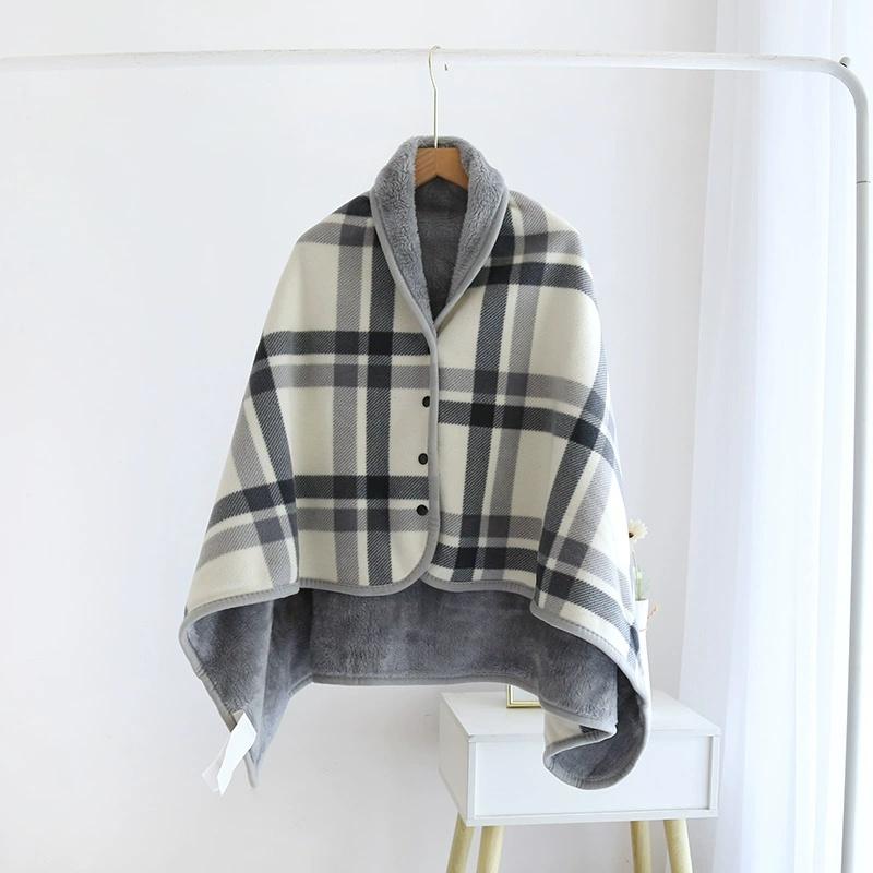 Fleece Wearable Blanket, Plaid Lap Blanket Comfy Poncho Throw with Button Plaid Throw Cushion for Bed Sofa Office
