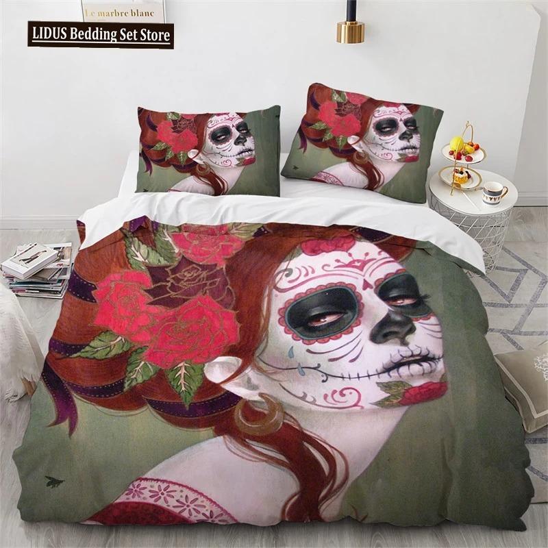 Skull Duvet Cover Queen Size Microfiber Vintage Sugar Skull Girl Day Of The Dead Bride With Dark Color Roses Graphic Bedding Set
