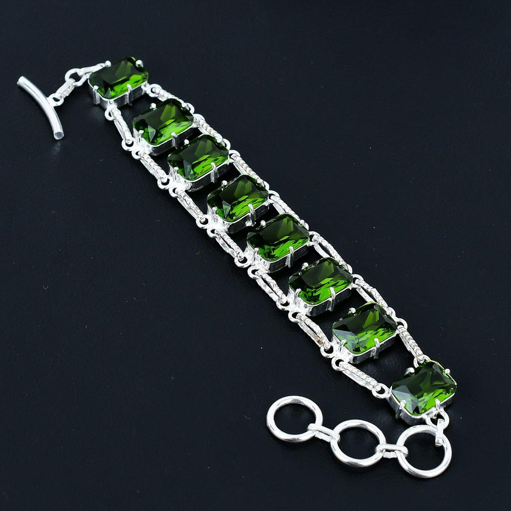 Faceted Peridot Bracelet 925 Sterling Silver Jewelry Adjustable Chain Bracelet Cushion Shape Gemstone Handmade Jewelry Gift For Her