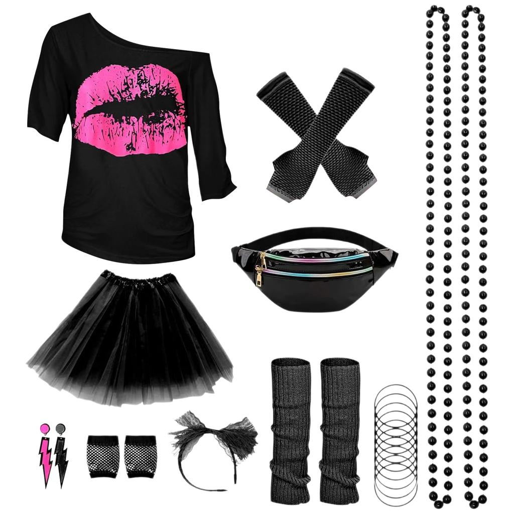 80er Jahre Outfit Damen Set, T-Shirt, Bauchtasche, Stirnband, Ohrring, Halskette, Netzstrickhandschuhe, 80er Jahre Kleidung Kostüm Neon Accessoires Mottoparty Kleidung