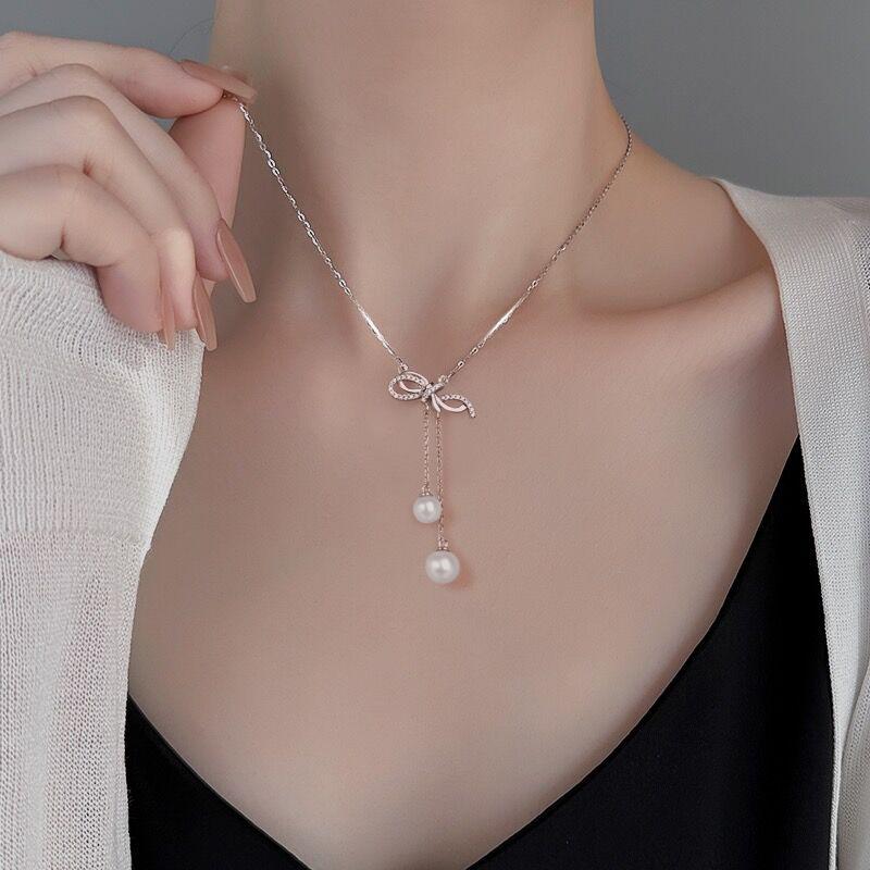 Pearl Necklace Female Bow Fringed Pendant Fashionable And Simple Collarbone Chain Gift For Girlfriend Qixi Festival