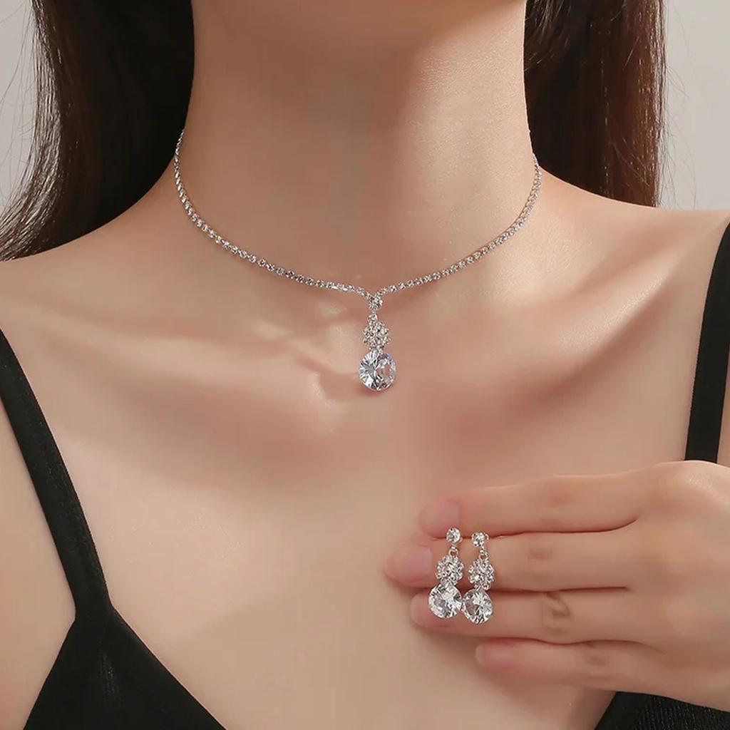 3PC Women's Fashion Geometric Round Necklace Earrings Zircon Set Suitable for Wedding, Party, Festival Gifts-4251