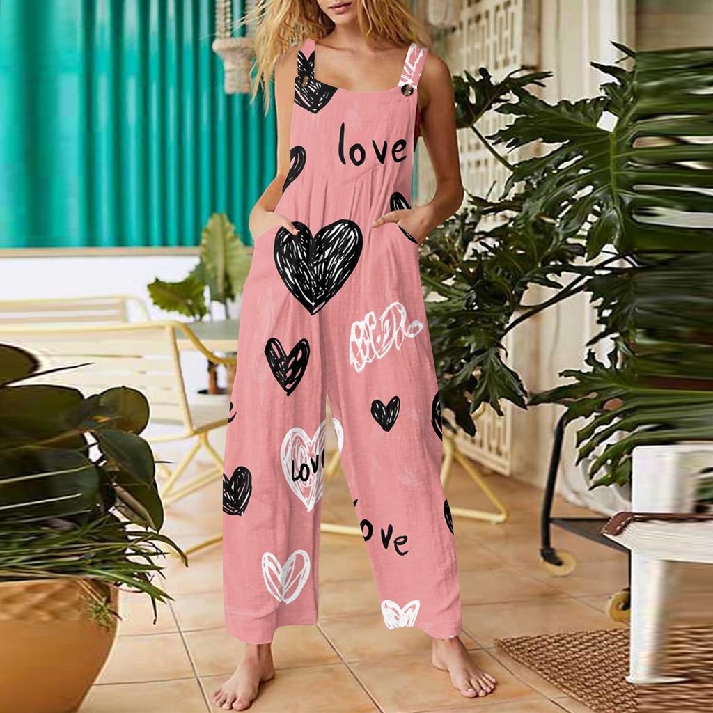 Women's heart,shaped printed casual loose retro overalls cotton and linen one,piece pants