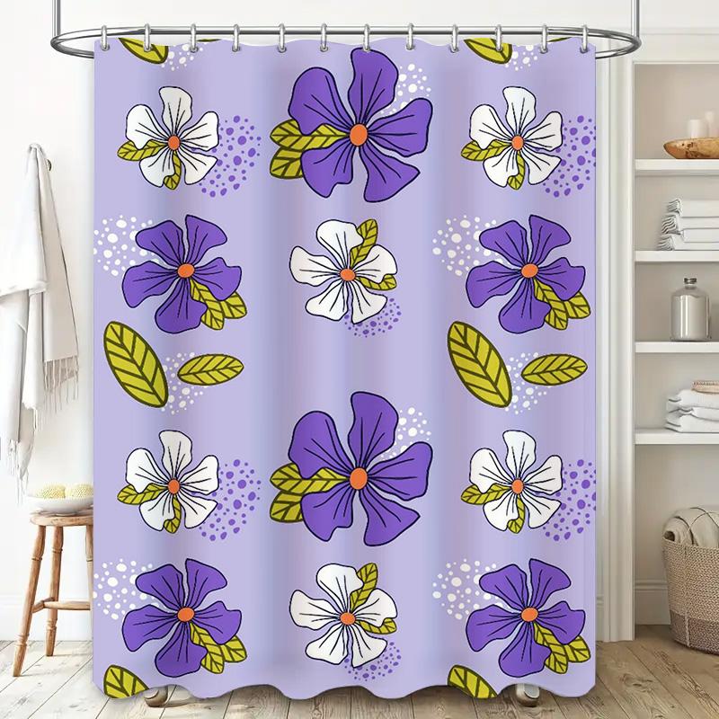 Purple White Floral Shower Curtain, Polyester Fabric, Home Decor Bathroom Accessory Set For Kids Bathrooms Modern Design With Le