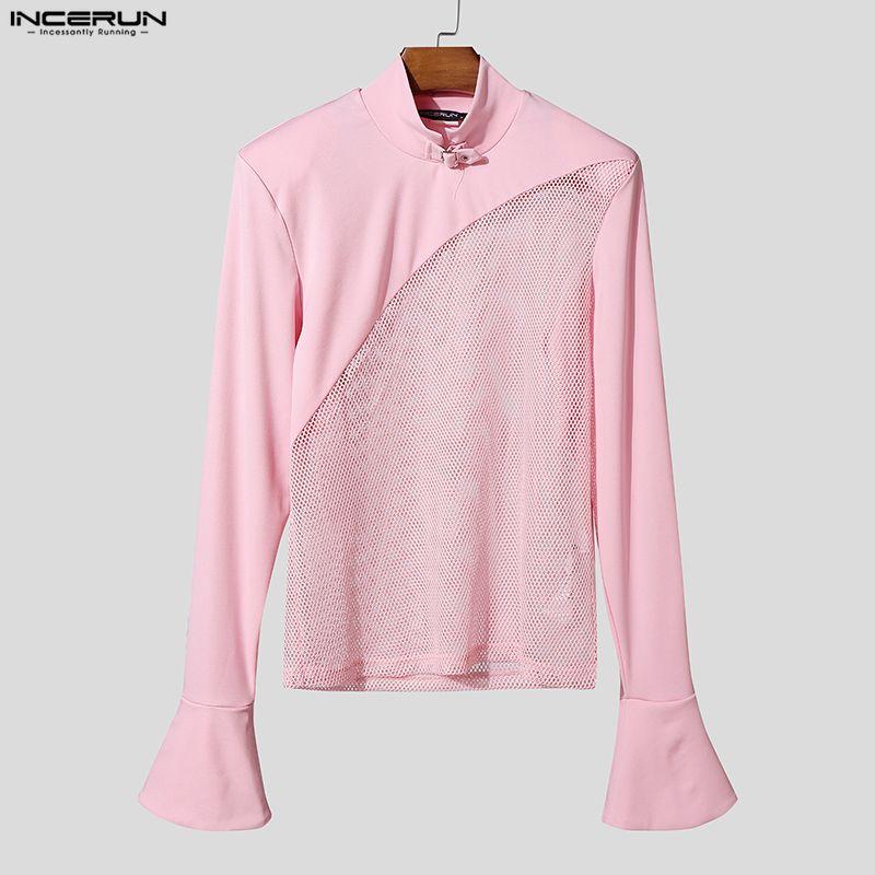 INCERUN Men Mockneck Long Sleeve Webbing Patchwork Fitted Casual Undershirts T-shirts