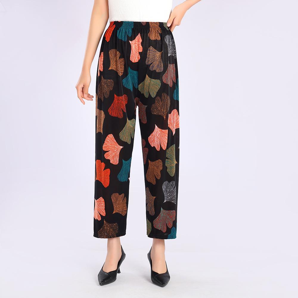 Floral Ice Silk Wide-Leg Pants for Women - Airy, Casual, Nine-Tenths Length