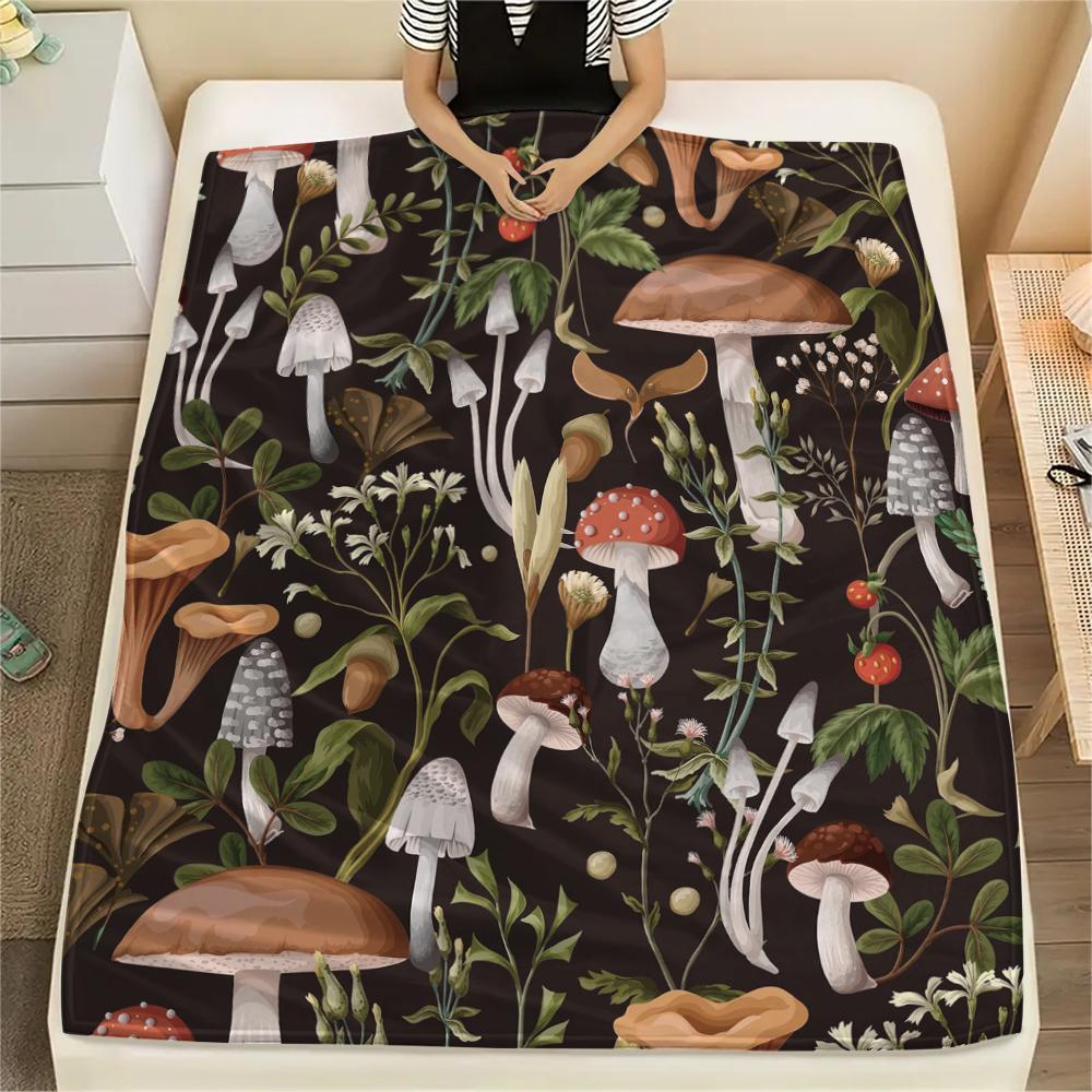 1Pc Dreamy Exotic Mushroom Print Flannel Blanket, High quality Comfortable for All Seasons, Home Decor, Warmth and Comfort, Perfect for Gifts
