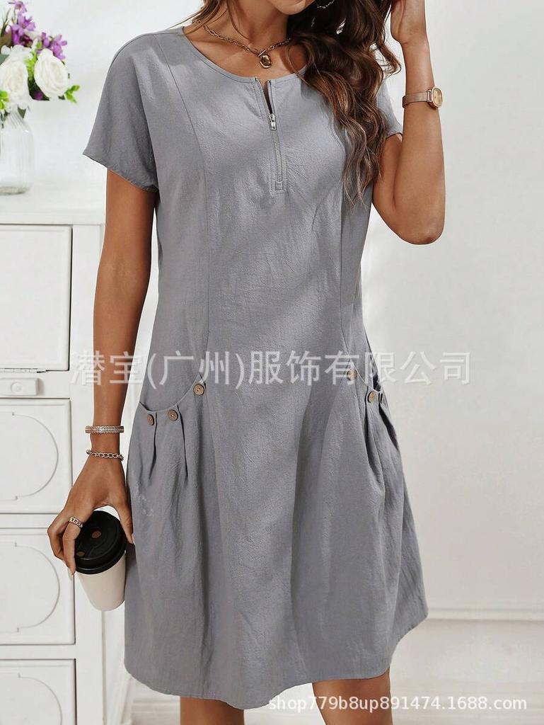 Vestido casual de verano para mujer, línea A, con cremallera frontal, manga corta, color liso, con bolsillos