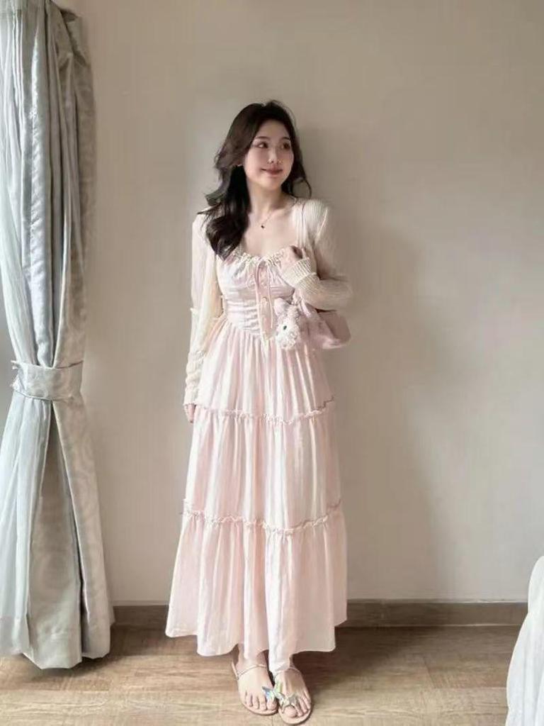 Pink French Lace Patchwork Camisole Dress - Gentle Summer Vacation Style Fairy Long Dress