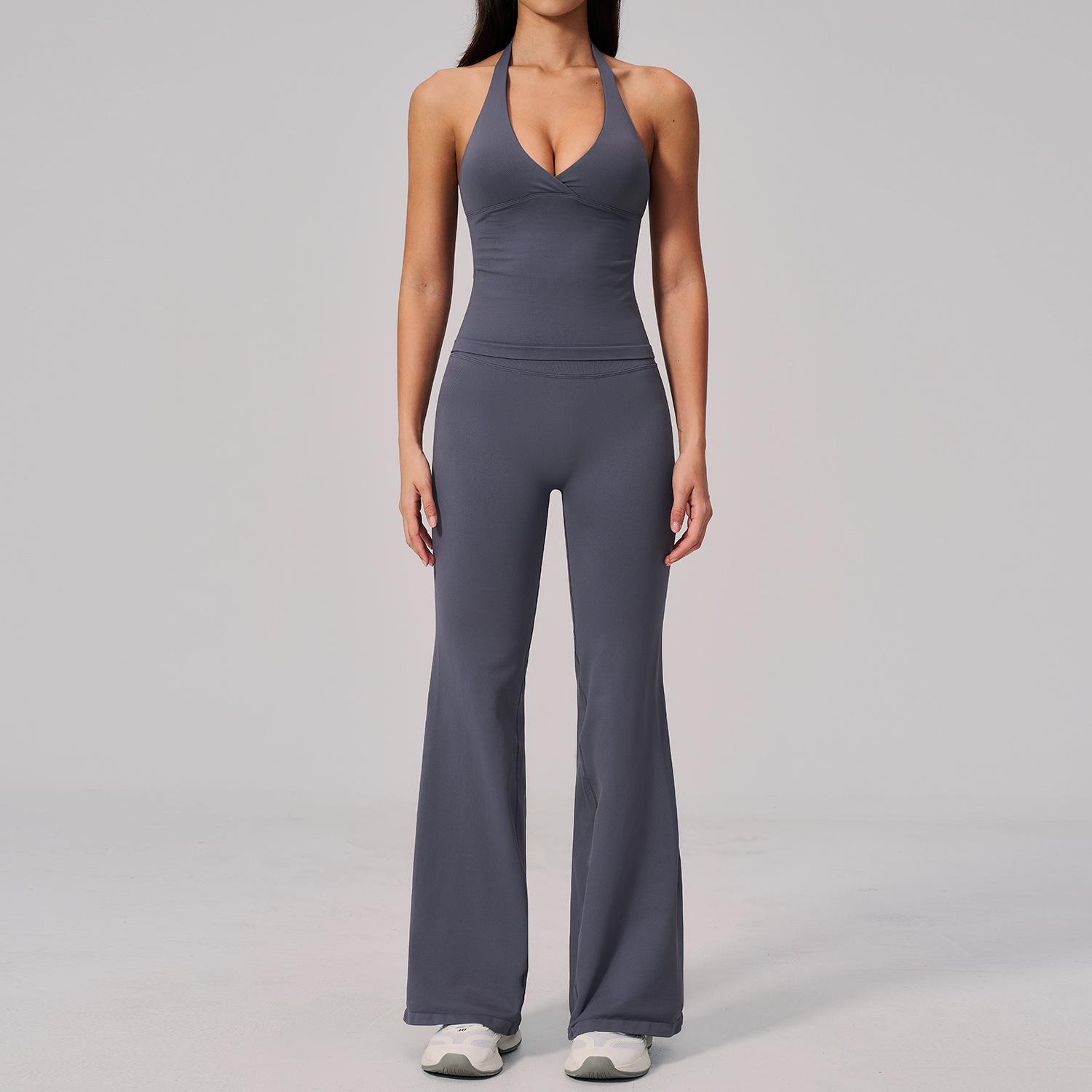 Dare to Show Women s V-Neck Halter Yoga Set - Slimming, Ribbed Back Sport Fitness Wear. Large