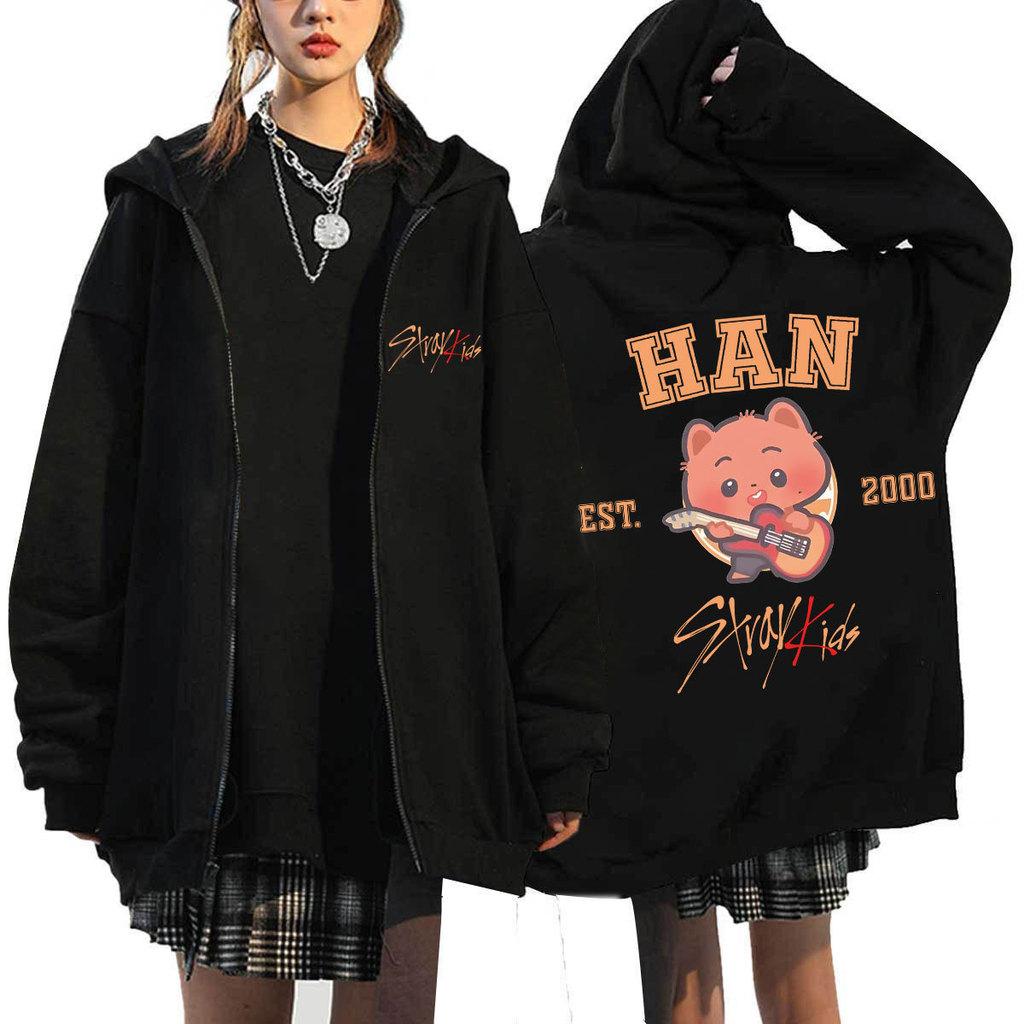Voksen Kvinner Menn Stray Kids Dominerer ATZ SKZ Trykk Genser Løs Glidelås Lange Ermer Hettejakke Kåpe Yttertøy