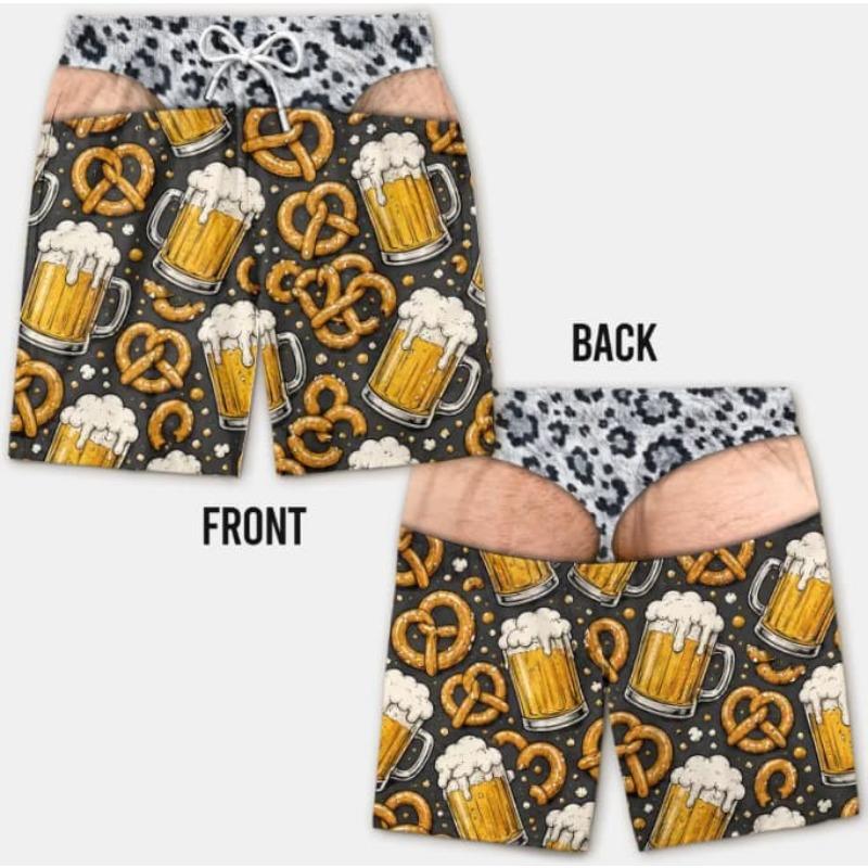 New Men's Fun Beach Shorts, 3D Simulated Leopard Print Thong Pants, Faux Two-piece Print, Beach Swim Trunks, Party Casual Shorts