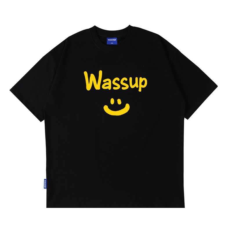Wassup Trendy Smiley Letter Men and Women Same Type T-shirt Summer Loose All-Match Trendy Tee Couple round Neck Short Sleeve