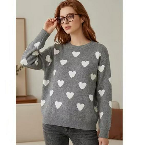 Women's Heart Shape Jacquard Knit Sweater - European & Korean Style, Loose Fit for Autumn/Winter