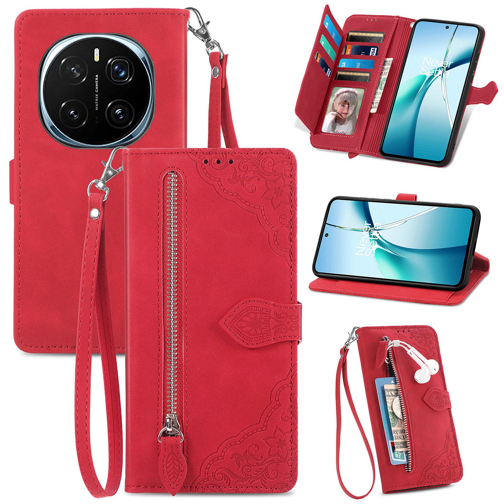 

Для Honor Magic7 5G Чохол-гаманець на блискавці з ремінцем, PU шкіра з квітковим тисненням, чохол для телефону Red