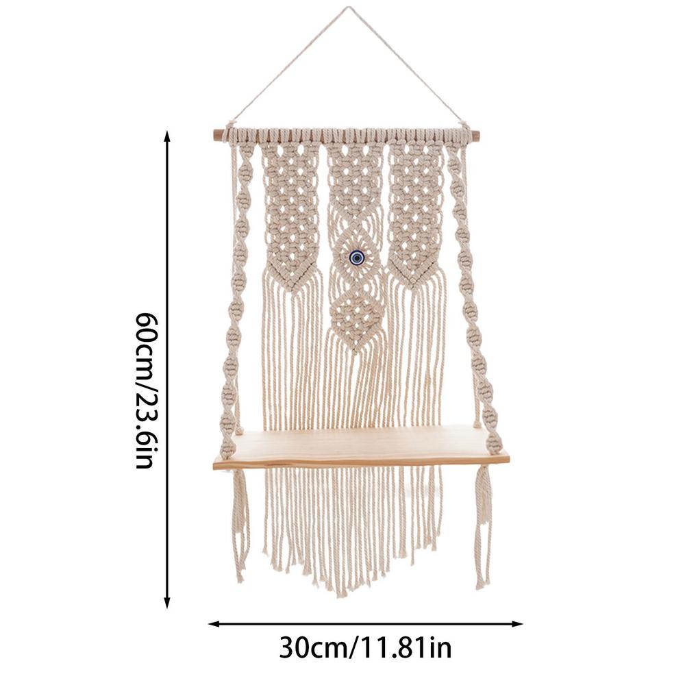 Bohemian Style Hand-Woven Wall Hanging Tapestry Wood Shelf Planter Basket 2 Tier Hanging Rack Art Wall Shelves Macrame