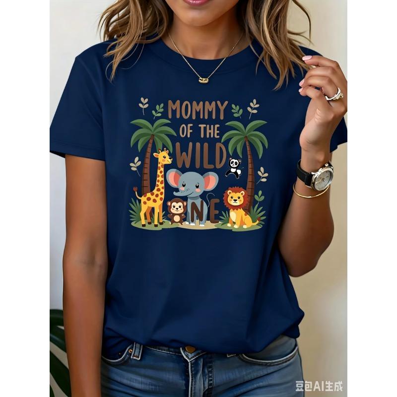 Women's "Mommy of The Wild One" Safari Animal Print T-Shirt Polyester Casual Short Sleeve Tee Summer Fashion Top Women Clothes