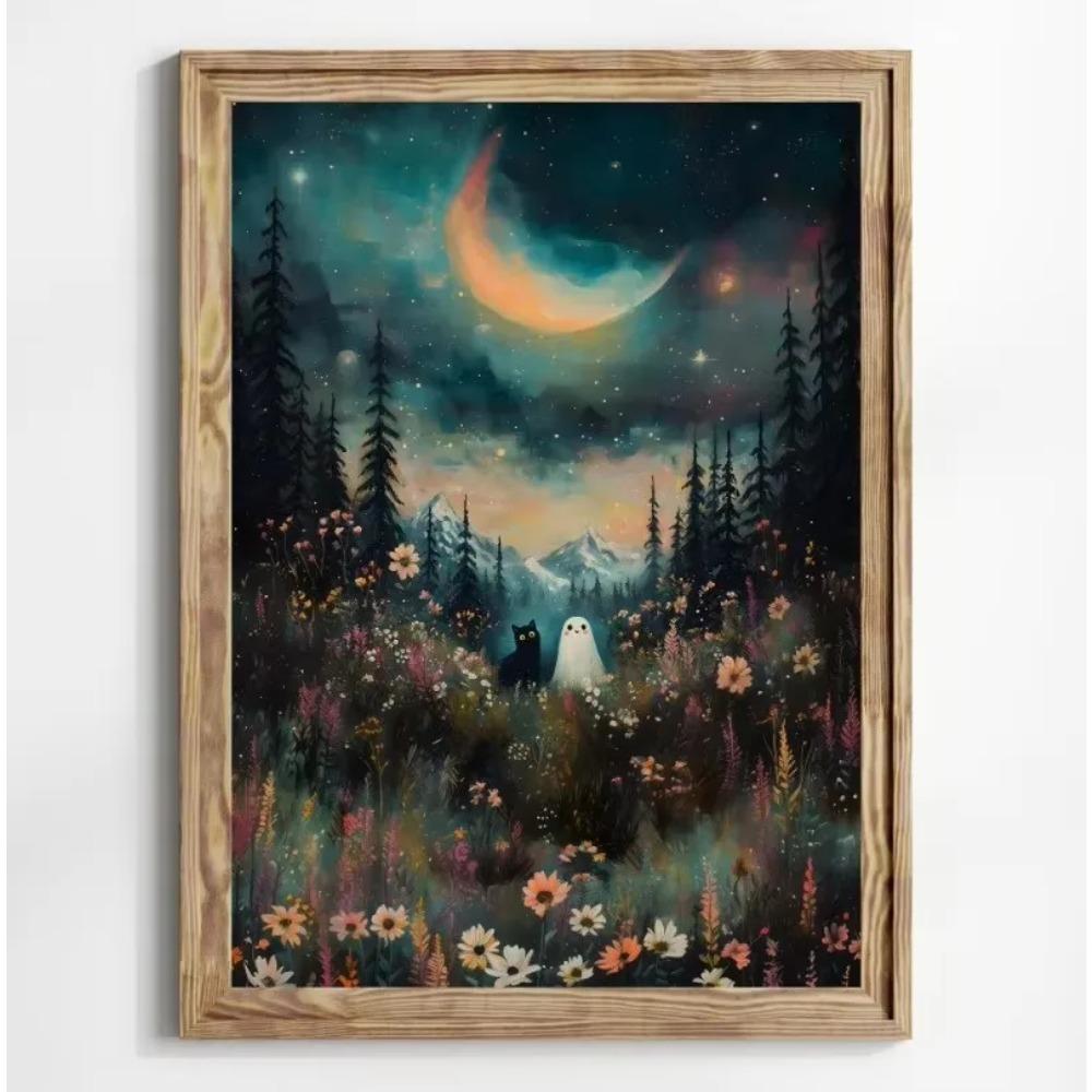 Stampa su Poster Foresta Gatto Nero Fantasma Fiori Selvatici Pittura su Tela Zucca Halloween Spettrale Arte Dark Academia Stanza Arredamento Casa