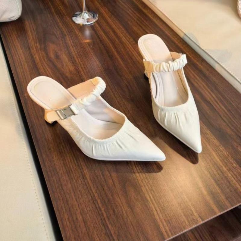 Fashion Pleated Pointed Toe Cool Mopping Summer New Baotou Shallow Mouth Metal Buckle One Slip Slip Stiletto High Heels