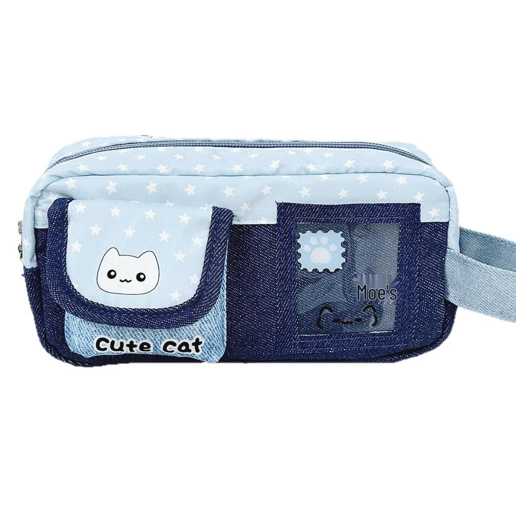 Polka Dot Cat Denim Pencil Case - Large Capacity Multifunctional Student Stationery Bag