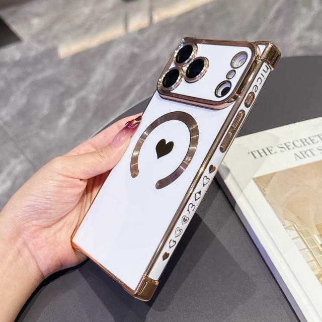 For For Iphone 17 Air Pro Max  Plating Love Heart Frame  Magnetic Phone Case For For Iphone 13 14 15 16 Plus Back Cover