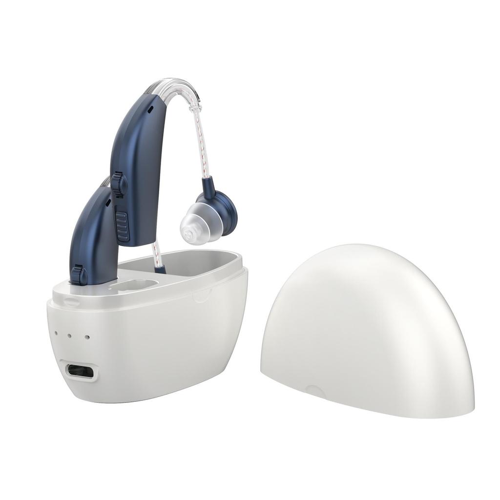 Rechargeable Behind-the-Ear Hearing Aid with Charging Case & Accessories for Seniors.
