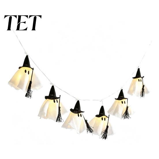 Halloween Party Atmosphere Lighting Ghost String Light, Hanging Fabric with Wizard Hat, Retro Texture Props Glowing Fairy Lights for Fireplace