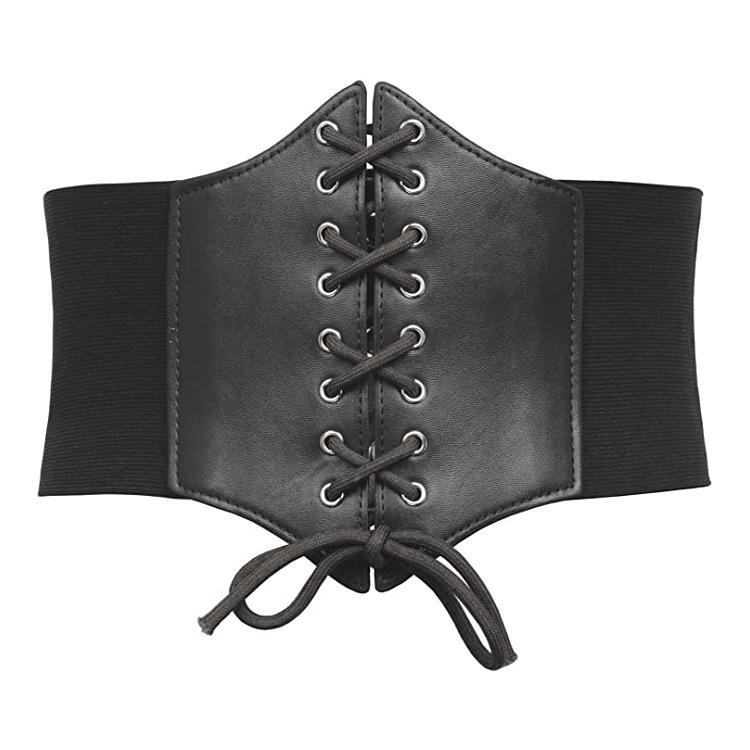 Women's Elastic Waistband Wide Leather Belt, Black, Versatile Fashion Lace-up Dress Accessory