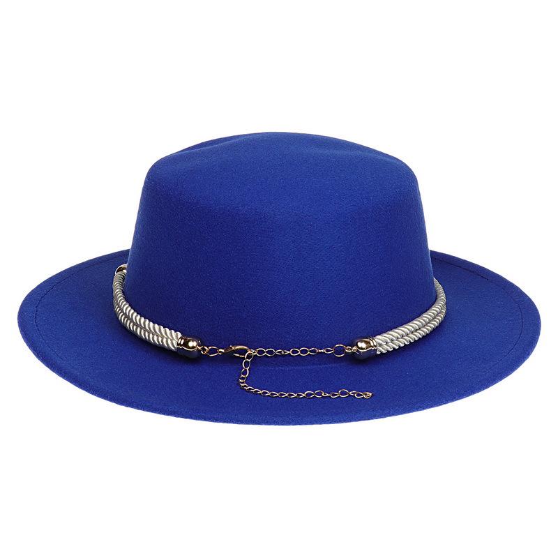 Women's Wool Felt Flat Top Fedora Hat - French Autumn/Winter Retro Style with Chain