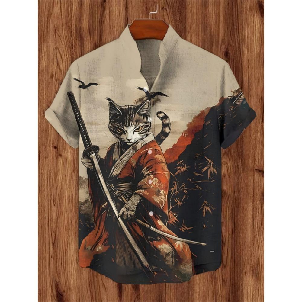 Animal Pattern, Fashion Trend, Street Outdoor, High-Quality And Comfortable Linen Men's Short Sleeved Casual Shirt