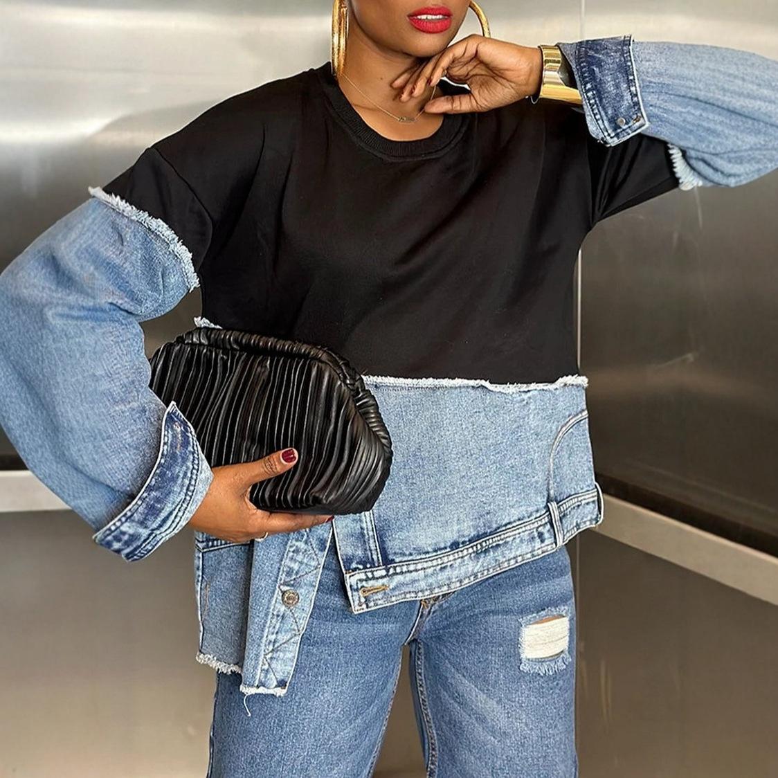 

Женский черный топ с джинсовым рукавом, пэчворк S