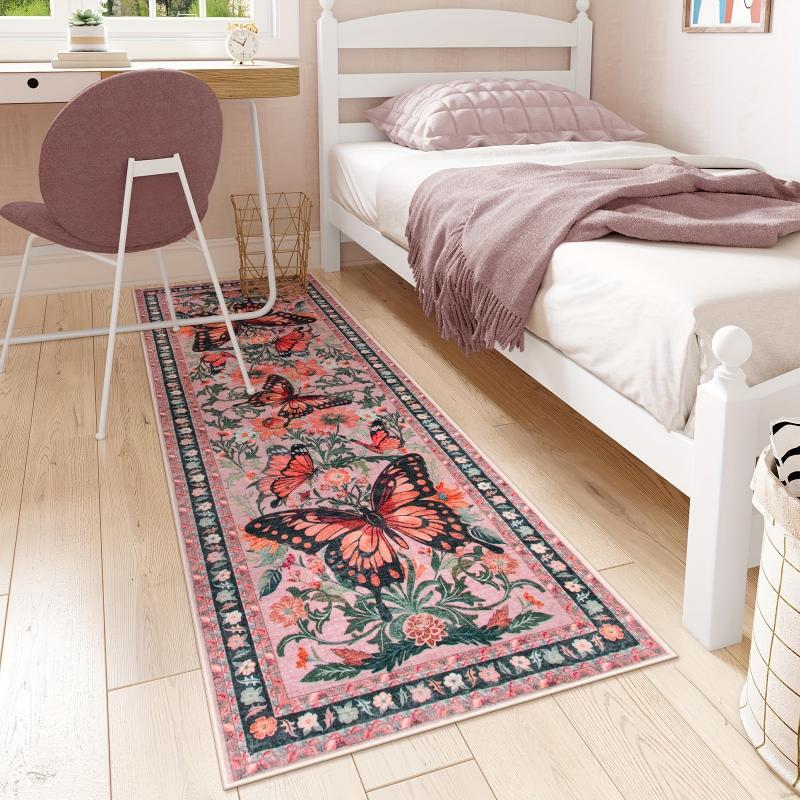 Vintage Floral Butterfly Runner Mat Non Slip Washable Long Rug Kitchen Bedroom Hallway Entry Home Decor Floor Carpet