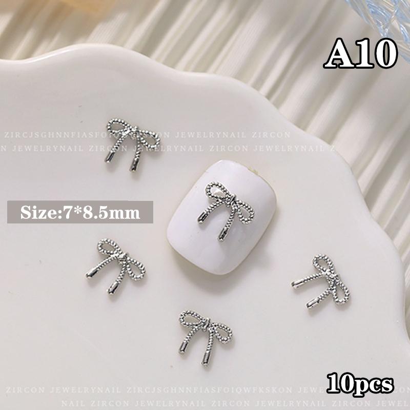 10Pcs Silver Alloy Nail Art Bow Charms Accessories Parts For Manicure Decorate Retro Nails Decoration Design Supplies