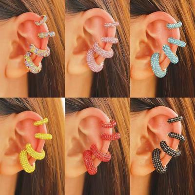 Retro Fashion C-Shaped Bling Ear Clips with Colored Diamonds - Trendy No-Pierce Earrings