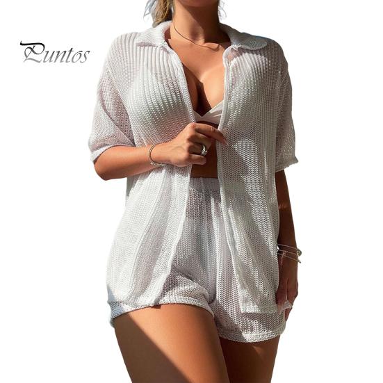 

2 шт./комплект летний накидка комплект рубашка шорты комплект быстросохнущая пляжная одежда с отворотом короткий рукав ажурный дизайн разрез S белый