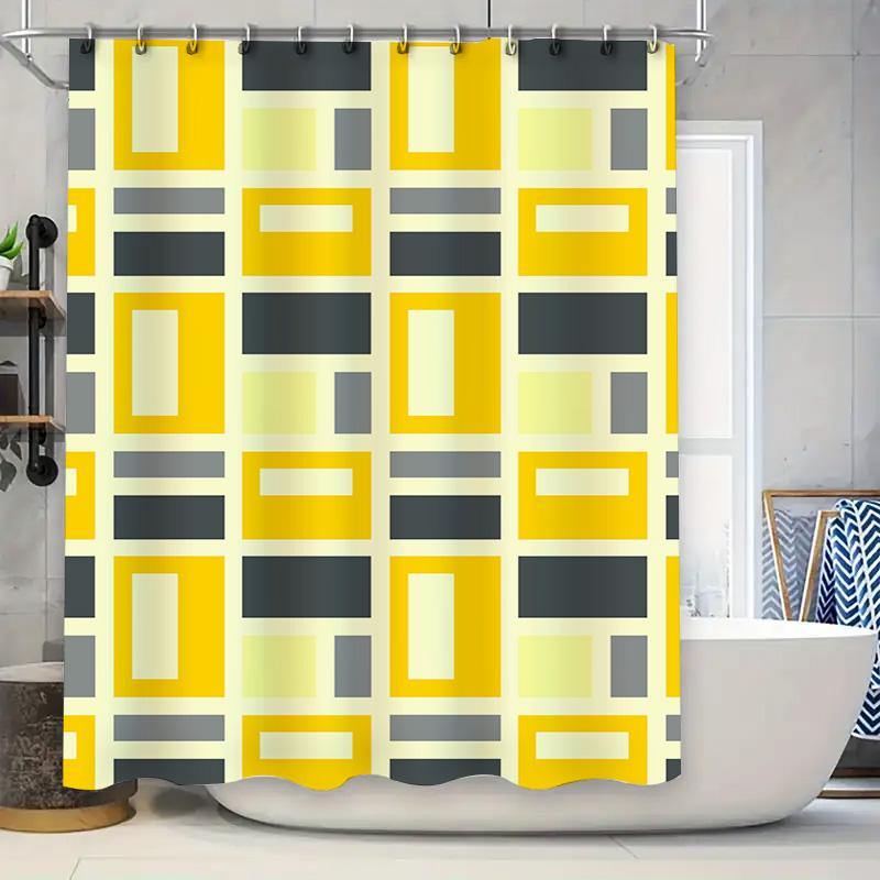 

Modern Geometric Shower Curtain Design Rectangular Shapes Pattern Bath Decor With Hook Set In Yellow Grey #5731468290569 W60H190(CM)-1 Pcs