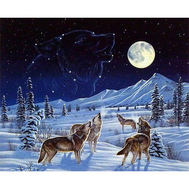 5D diamantová malba Vlčí měsíc Kulaté diamantové vyšívání Křížkový steh Mozaika vlastní kamínky
