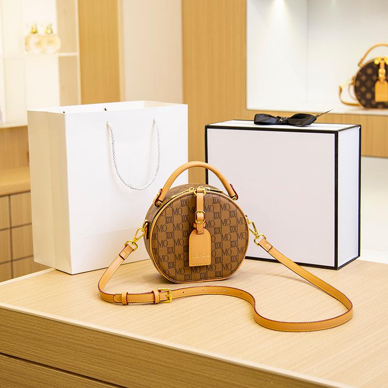 Retro New Women's Bag, Letter-printed Portable Small Round Bag, High-end Contrasting Color Round Cake Bag, Shoulder Messenger Bag.