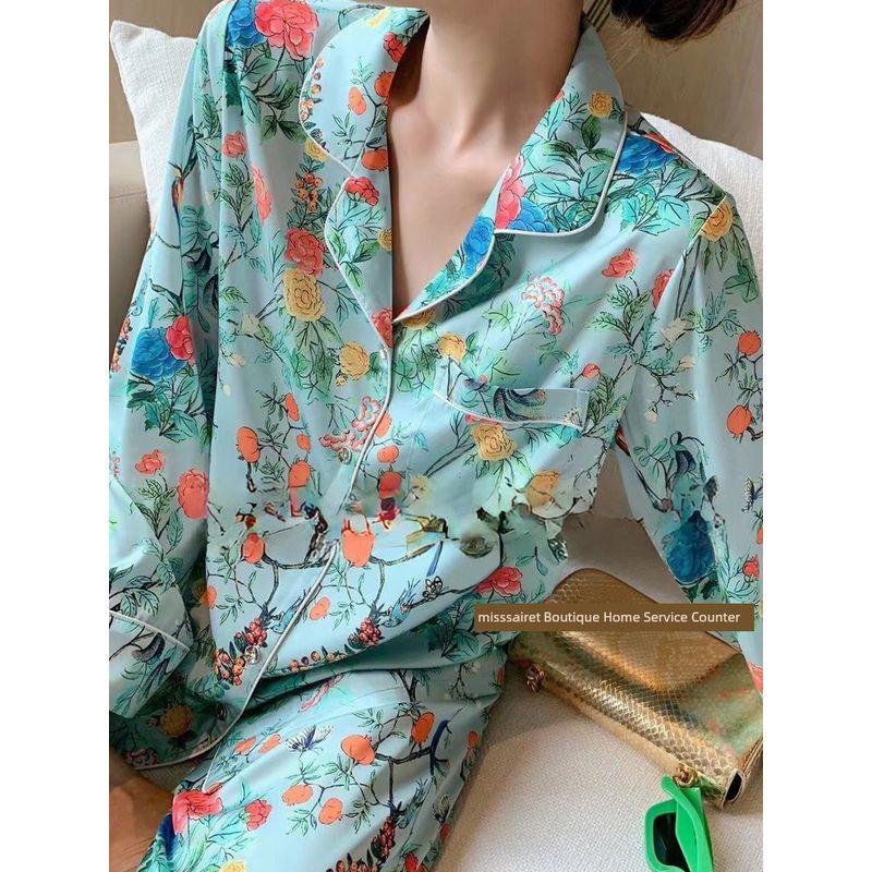 

Niche Light Luxury ~ Flower Bird Language Imitated Silk Fabric Satin Surface Pajamas Women s Suit Long sleeve Trousers Summer Thin Homewear Auspicious flowers and birds L(62.50kg)