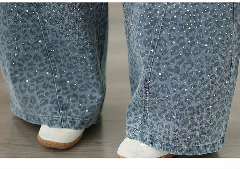 Leopard Print Rhinestone Plus Size Wide-Leg Denim Pants - Elastic, Loose, Slimming, Versatile Casual Wear