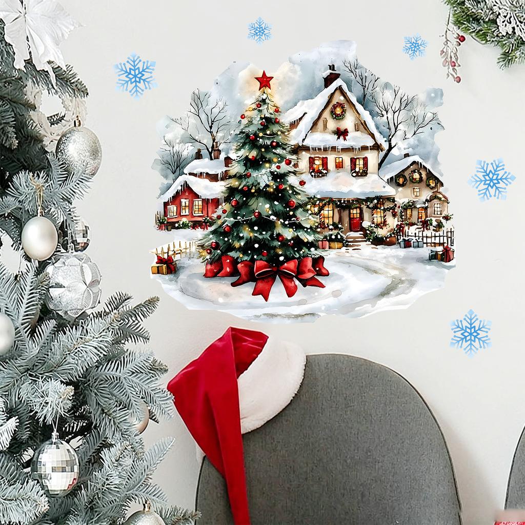 Watercolor Santa Claus Snow Scene Cottage Wall Sticker for Bedroom Entrance, Study Wall Decoration