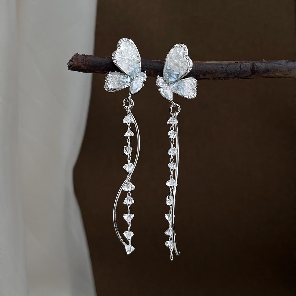 Guochao Handmade Crystal Butterfly Tassel Earrings, Forest-Inspired Fresh Style for Women