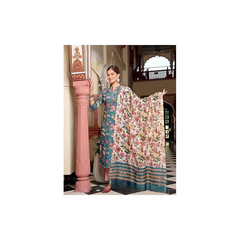 GRECIILOOKS Womens Regular Cotton Blend Regular Fit Kurta Set (Blue, X-Large) 2XL
