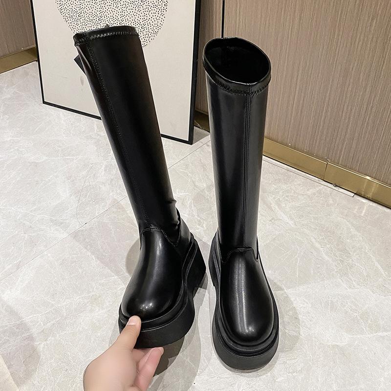 Small Man Height Increasing Thick-soled Boots Skinny Spice Girl Boots Women's Round Head Soft Leather Elastic Skinny Boots Knight Boots