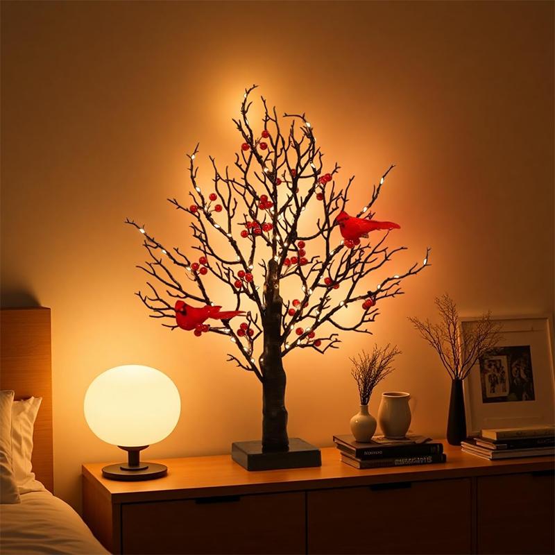 Vintage Glowing Tree With Cardinals, Trees With Cardinals, Little Red Bird Trees Light, Christmas Tree With Berries