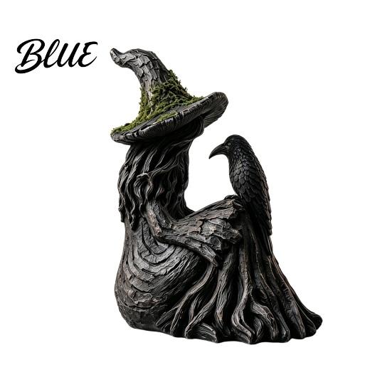 Dark Fairy Tale Resin Ornaments Luminous Witch & Raven Figurine with Mossy Tree Texture Gothic Unique Craft Gifts Statue LED Light for Halloween Home
