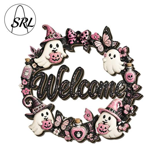 Holiday Door Sign for Store Entry Halloween Pumpkin Ghost Wooden Welcome Hanger Sign, Cute Wall Ornament with Bell Party Hanging Rope, Decor