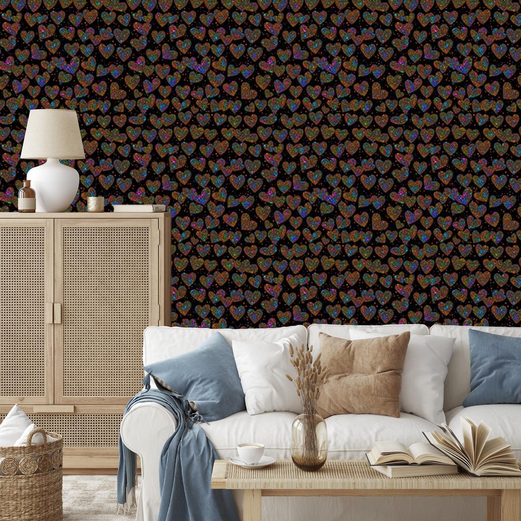 Neon Glitter Hearts Wallpaper Black, Rust and Ochre 50x1000